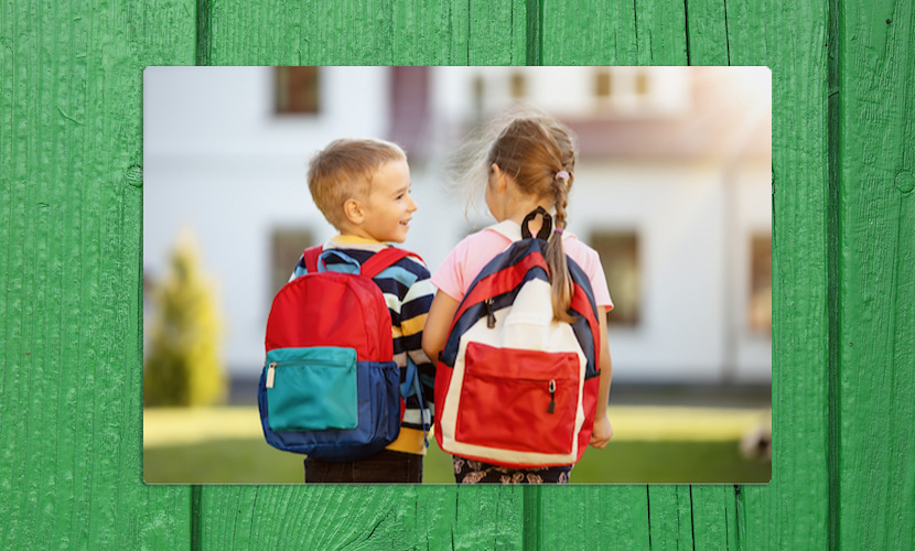 metal print siblings going to school